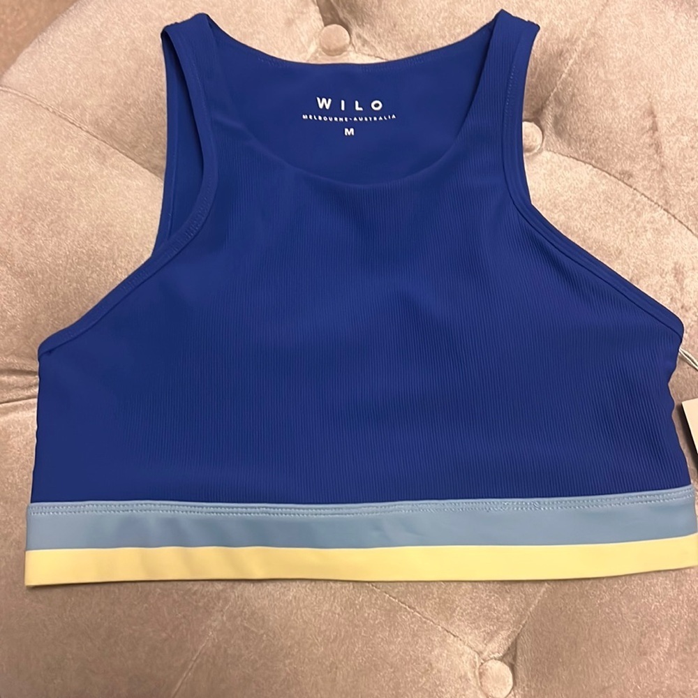 Wilo blue sports bra with striped band and removable cups, new